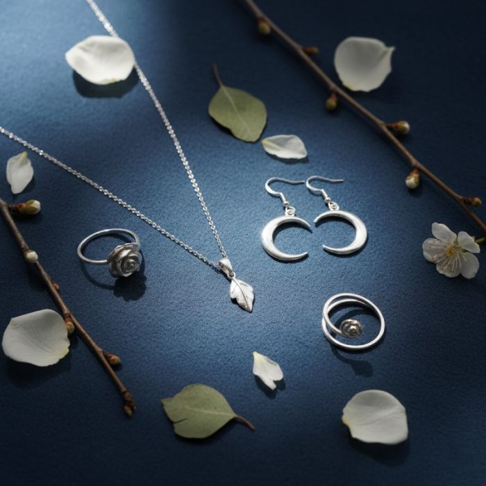Still life of silver jewelry arranged with petals and leaves, softly lit against a dark deep blue background, reflecting elegance, nature, and artistic inspiration.
