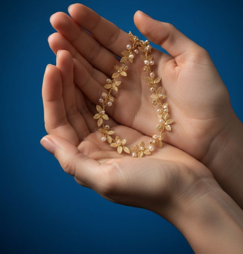 Close-up of a woman’s hands gently holding a delicate handcrafted necklace, softly lit against a smooth deep dark blue background.