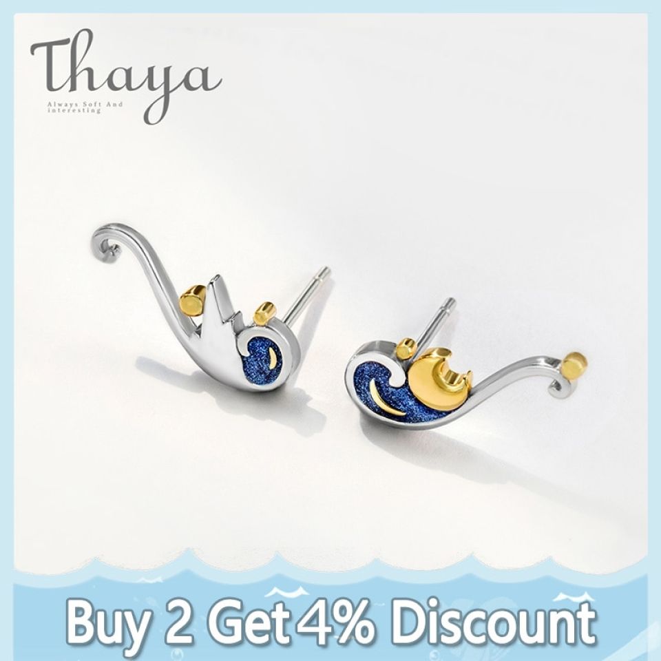 Starry Night Stud Earrings Thaya 925 Silver Earrings Van Gogh s Glitter Gold Moon Star Stud Earrings Bohemian Vintage Enamel 1 19a02459