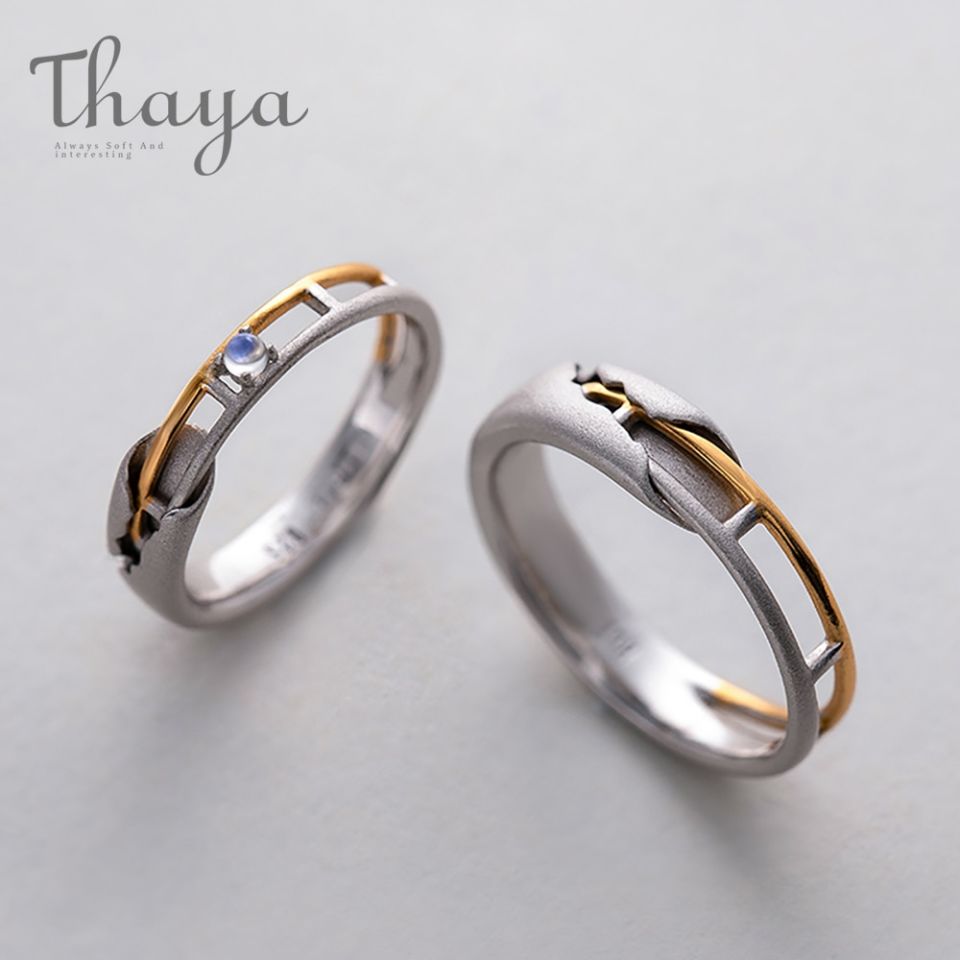 Train Rail Design Lover Rings Thaya Train Rail Design Moonstone Lover Rings Gold and Hollow 925 Silver Eleglant Jewelry for Women 3 33c5338d