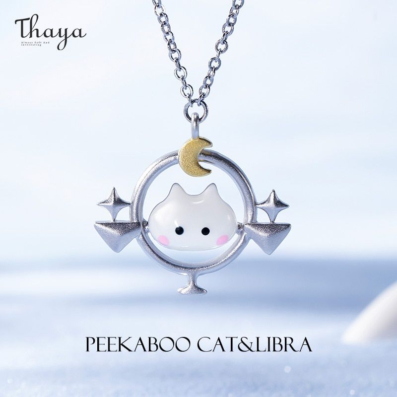Silver Chalcedony Necklace 17 Libra Peekaboo Cat Constellation Necklace