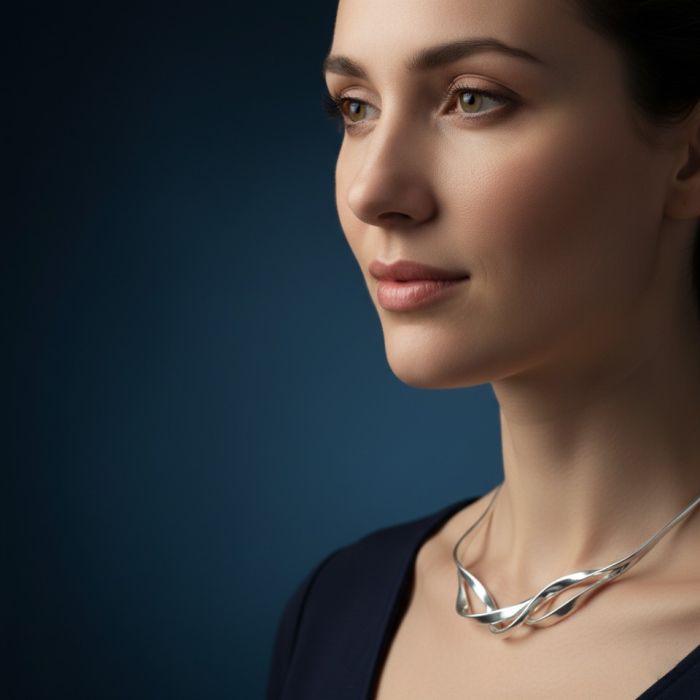 Cinematic portrait of a woman wearing a signature silver necklace, softly lit against a dark deep blue background, highlighting elegance and timeless beauty.