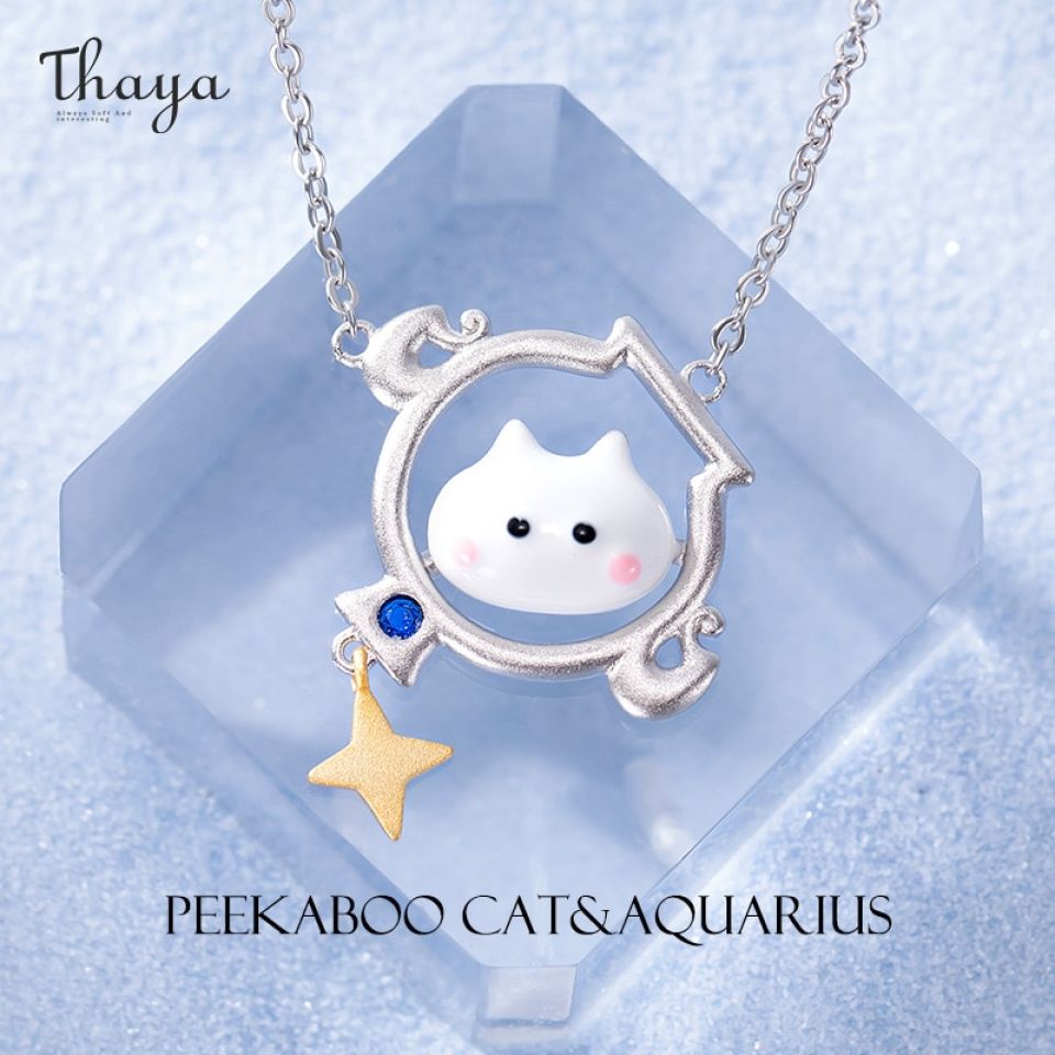 Aquarius Peekaboo Cat Constellation Necklace