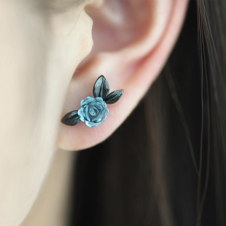 Thorn Rose Earrings 3 Thorn Rose Earrings Thaya s925 Silver Thorn Blue Crystal Rose Design Black Stud Earrings for Women Asymmetry Flower Earring 3 a79d9f78
