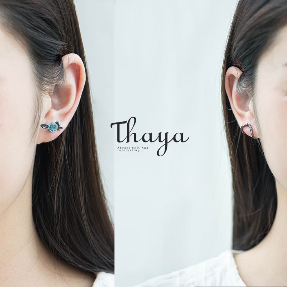 Thorn Rose Earrings 4 Thorn Rose Earrings Thaya s925 Silver Thorn Blue Crystal Rose Design Black Stud Earrings for Women Asymmetry Flower Earring 4 c7726706