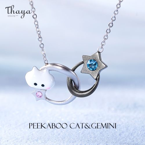 Gemini Peekaboo Cat Constellation Necklace