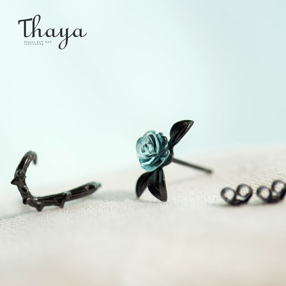 Thorn Rose Earrings Thaya s925 Silver Thorn Blue Crystal Rose Design Black Stud Earrings for Women Asymmetry Flower Earring 1 df85c814