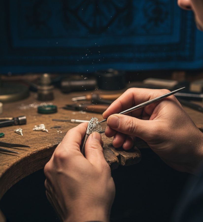 Close-up of an artisan’s hands carefully shaping S925 silver jewelry using traditional tools at a jeweler’s workbench.