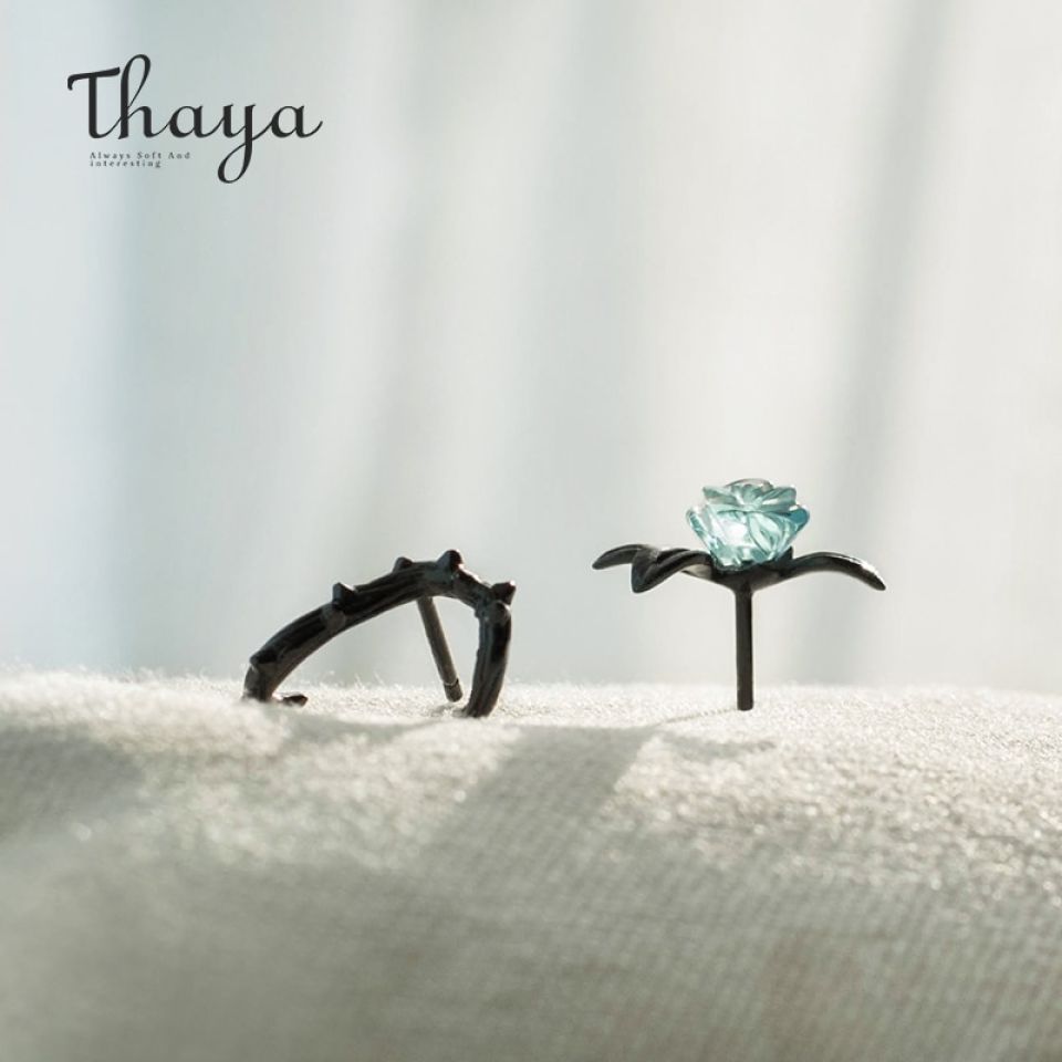 Thorn Rose Earrings 2 Thorn Rose Earrings Thaya s925 Silver Thorn Blue Crystal Rose Design Black Stud Earrings for Women Asymmetry Flower Earring 2 fb31e70c