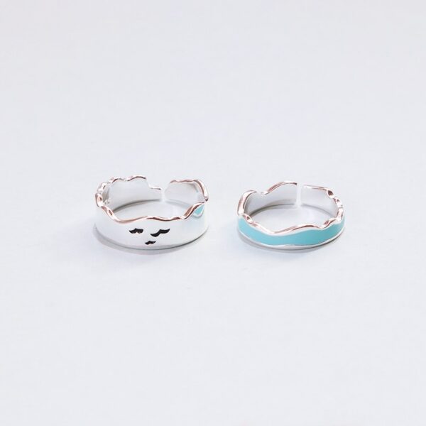 Seagull and Ocean Waves Enamel Couple Ring Set